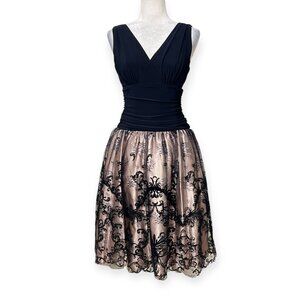 JR Nites by Carol Lin Sz 6 Dark Navy Nude Lace Overlay Fit & Flare Cocktail Dres